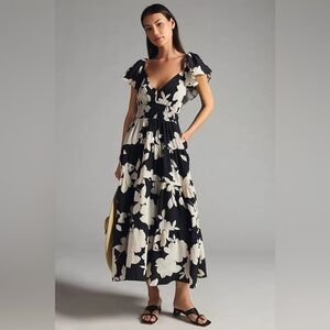 Anthropologie The Silverlake Flutter-Sleeve Dress Floral Black White